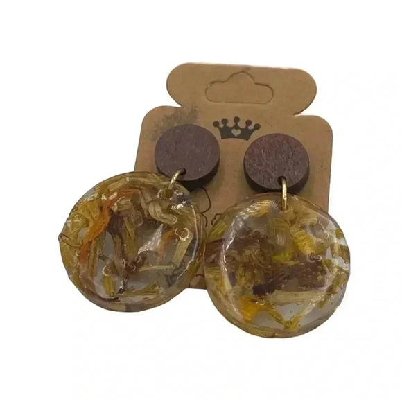 Tiger Lily Floral Preservation Art to Wear Statement Dangle Resin Earrings Wood - Picture 1 of 5